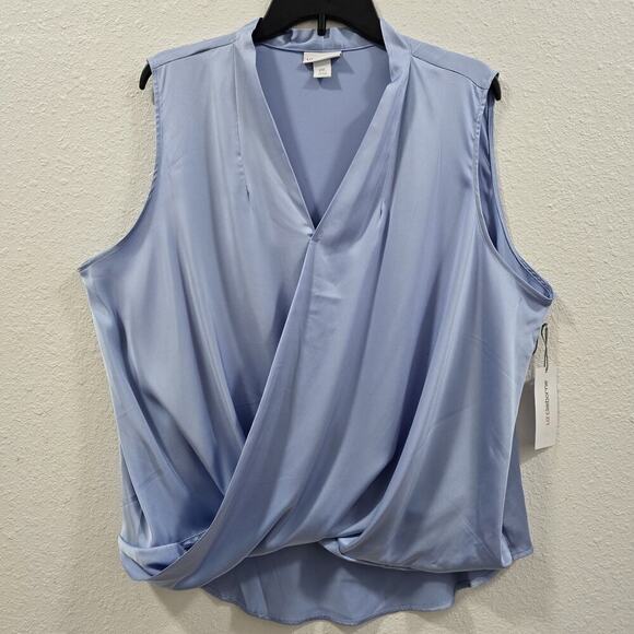 LIZ CLAIBORNE Top Womens Plus Size XXL Blue V-Neck Sleeveless Wrap Shirt Shiny - Picture 1 of 9